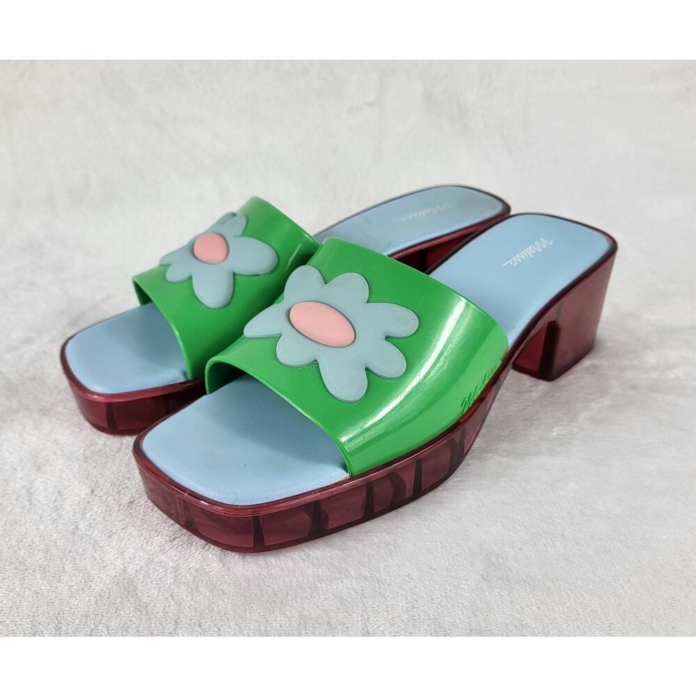 Lazy Oaf x Melissa Platform Slides Green Flower Sandals Chunky Heel Retro | 6